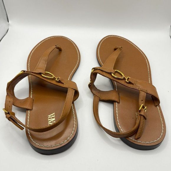 ZARA FLAT LEATHER SANDAL WITH BUCKLE BROWN WOMENS SIZE 38‎ US SIZE 7 - Picture 4 of 6